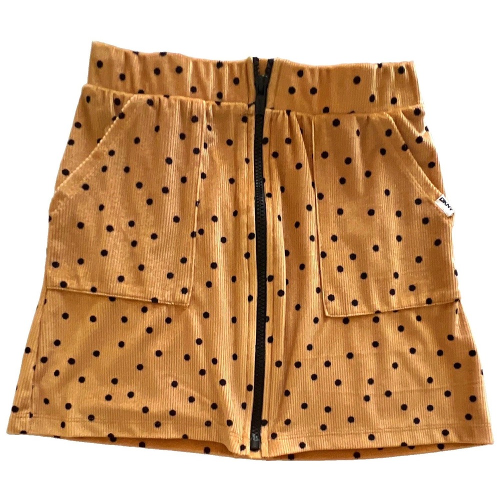 DKNY Girls Size M 8/10 Tan Black Polka Dot Corduroy Mini Skirt Zip Pockets